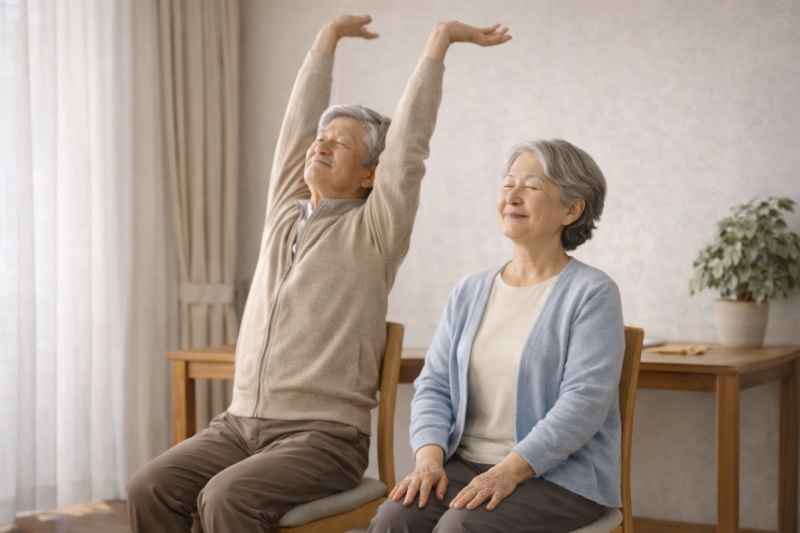 점심 식사 후 의자 옆에서 가볍게 스트레칭하며 졸음을 깨우는 어르신의 실내 모습