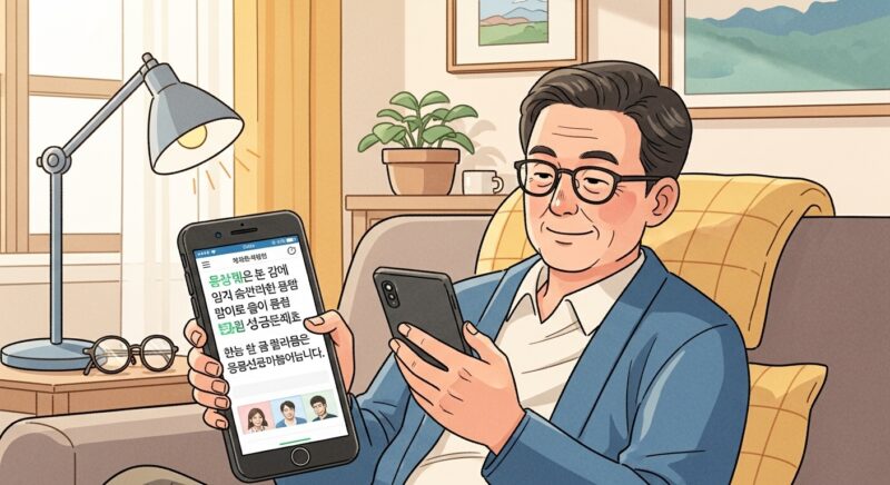 스마트폰 화면의 큰 글씨를 편하게 읽고 있는 사람 일러스트 - 스마트폰 글자 크기 설정 방법