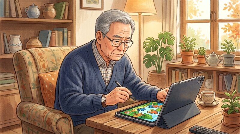 겨울 거실에서 태블릿으로 치매 예방 두뇌 게임 앱 쉬운 것 중 퍼즐 게임을 집중해서 하고 계시는 할아버지