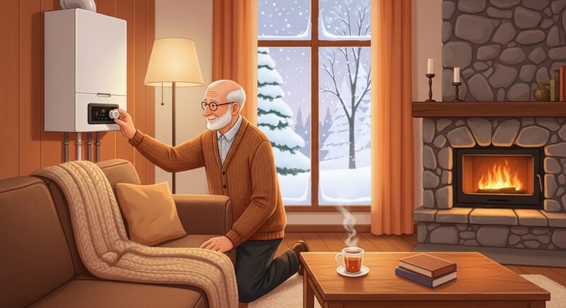 겨울 한파 대비 보일러 온도를 확인하는 노인