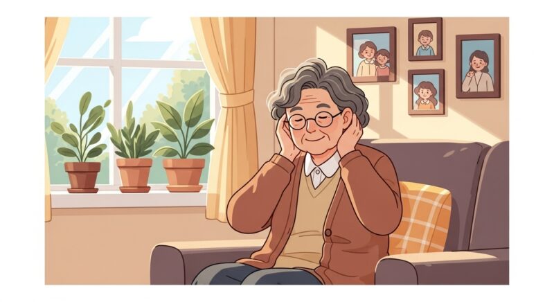 보청기를 착용하고 밝게 미소 짓는 노인의 따뜻한 일러스트