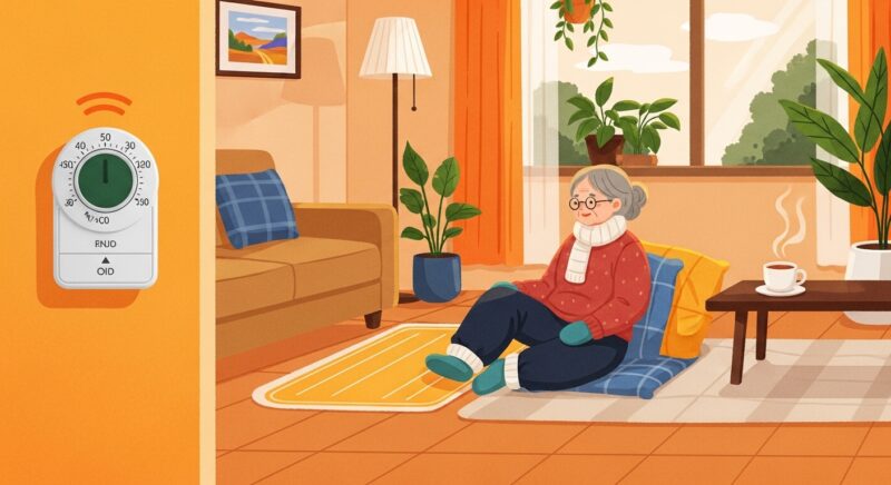 적정 실내 온도로 따뜻하게 지내는 어르신과 온도조절기가 있는 거실 풍경