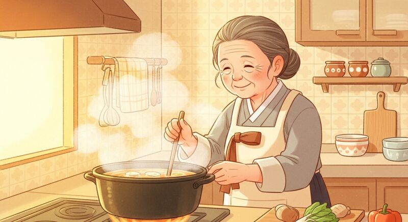 따뜻한 국물 요리 간단 레시피 - 무, 표고버섯, 대파 등 신선한 재료가 정갈하게 준비된 주방 조리대 앞에서 미소 짓는 할머니