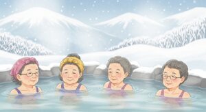 70대 따뜻한 온천 여행지 추천 - 온천 리조트 노천탕에서 담소를 나누며 겨울 설경을 즐기는 어르신들
