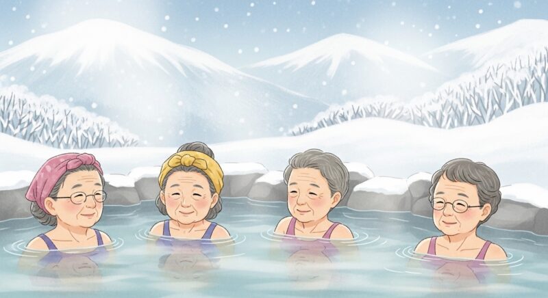70대 따뜻한 온천 여행지 추천 - 온천 리조트 노천탕에서 담소를 나누며 겨울 설경을 즐기는 어르신들