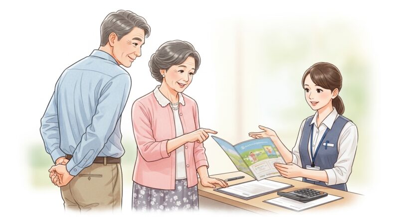 실버타운 입주 비용 현실적 정리 상담 중 비용 안내 책자를 살펴보며 직원과 함께 계산기로 입주 예산을 계산하는 어르신