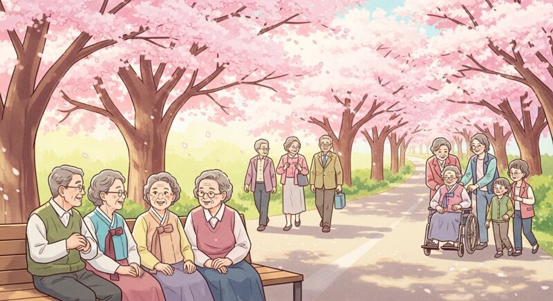 3월 벚꽃 명소 어르신 여행 코스 추천 장면 - 벚꽃 아래 벤치에서 쉬는 어르신들, 평평한 산책로를 걷는 시니어 단체, 휠체어를 탄 할머니가 가족과 함께 벚꽃 터널을 지나는 모습