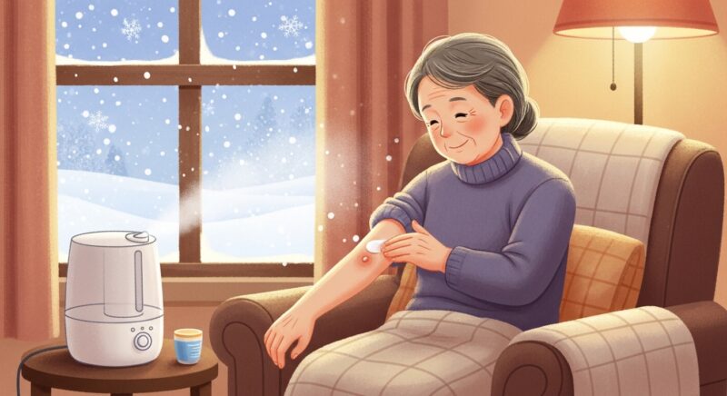 겨울 건조한 날씨 피부 가려움 관리법 - 건조한 피부에 보습 로션을 바르는 어르신의 손 클로즈업과 따뜻한 겨울 실내에서 작동하는 가습기, 창밖으로 보이는 눈 내리는 풍경