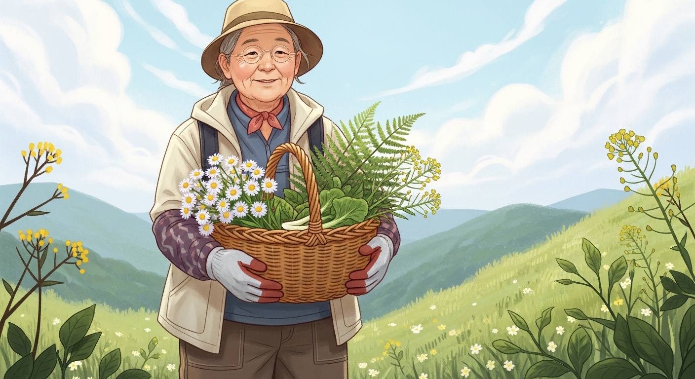 봄 산나물 채취 시기 미리 알아보기 - 햇살 아래 산기슭에서 바구니에 가득 담긴 취나물, 고사리, 냉이와 채취 도구들