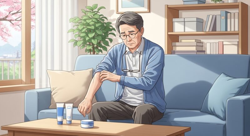 봄철 피부 건조 가려움 대처법 실천 중인 어르신의 손이 팔에 보습 크림을 꼼꼼히 바르고 있는 클로즈업 장면으로, 가습기에서 수증기가 나오고 물 한 잔이 테이블에 놓인 평화로운 실내 모습