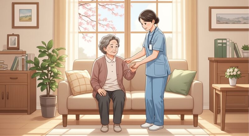 노인장기요양보험 등급 판정 기준 5단계와 관련하여 밝은 거실에서 요양보호사가 어르신을 부축하며 일어서는 것을 도와드리는 따뜻하고 전문적인 돌봄 장면