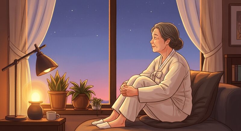 새벽 창가에 앉아 하늘을 바라보는 70대 할머니의 모습으로 노인수면변화를 표현한 따뜻한 일러스트, 잠 못 이루는 새벽의 고요한 풍경