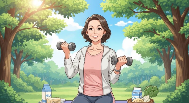 공원에서 아령 운동하는 중년 여성과 칼슘 식품