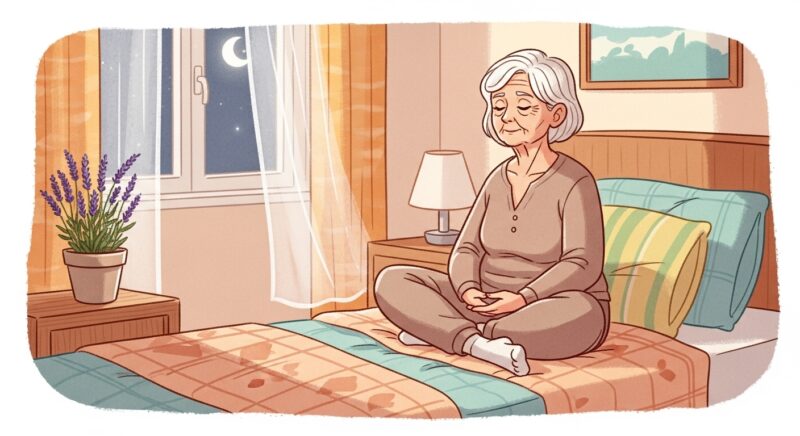 편안한 침실에서 명상하는 노년 여성과 라벤더 화분