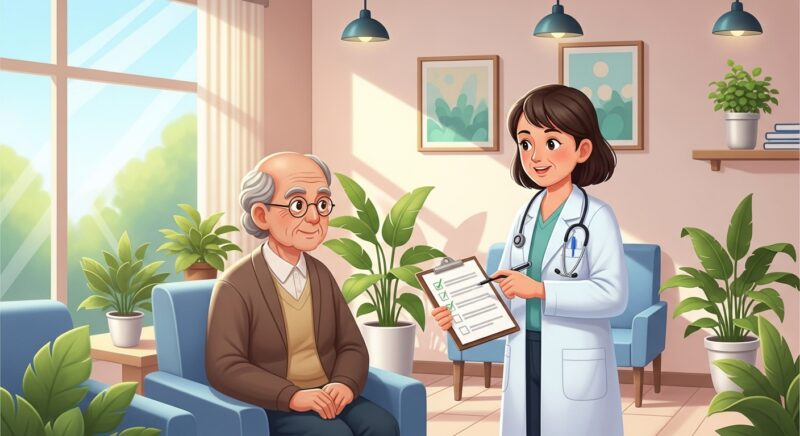 건강검진을 받기 위해 병원을 방문한 어르신과 의료진이 상담하는 따뜻한 장면