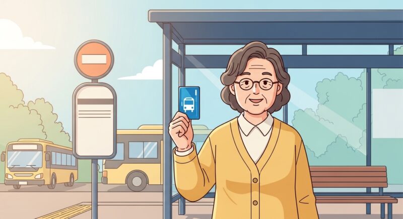 교통카드를 들고 환하게 웃는 60대 어르신과 버스 정류장