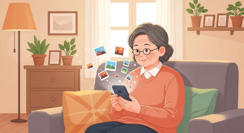 스마트폰으로 사진을 정리하는 어르신의 따뜻한 일러스트