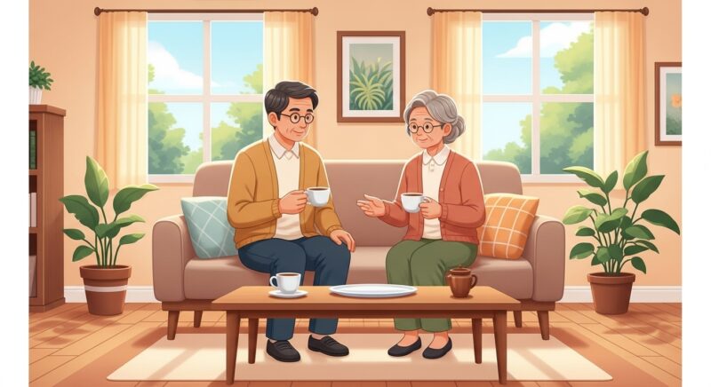 부모와 성인 자녀가 거실 소파에서 차를 마시며 대화하는 평화로운 장면