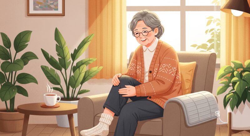 따뜻한 실내에서 무릎을 관리하는 어르신의 겨울철 건강관리 모습