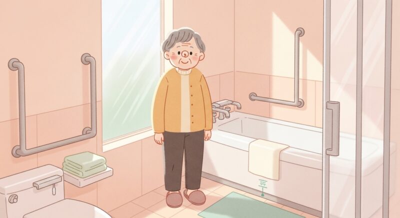 욕실 바닥 미끄럼 방지 매트와 안전 손잡이가 설치된 어르신 친화적 욕실 인테리어