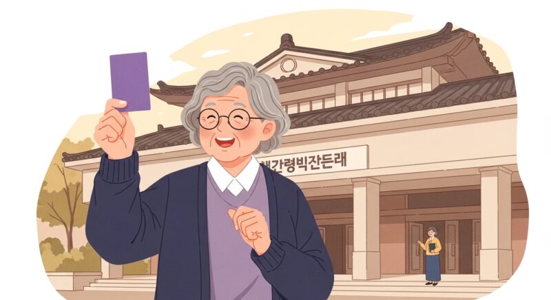 문화누리카드를 들고 미소짓는 어르신과 문화시설 입구