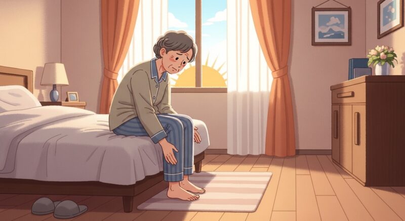 아침에 일어나 발바닥 통증을 느끼는 어르신 일러스트