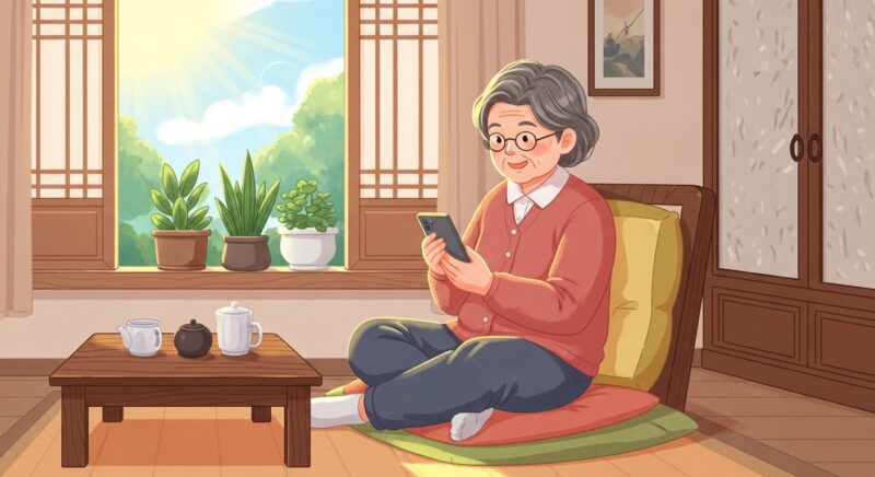 명절 후 스마트폰으로 안부 인사를 나누는 어르신의 따뜻한 일상