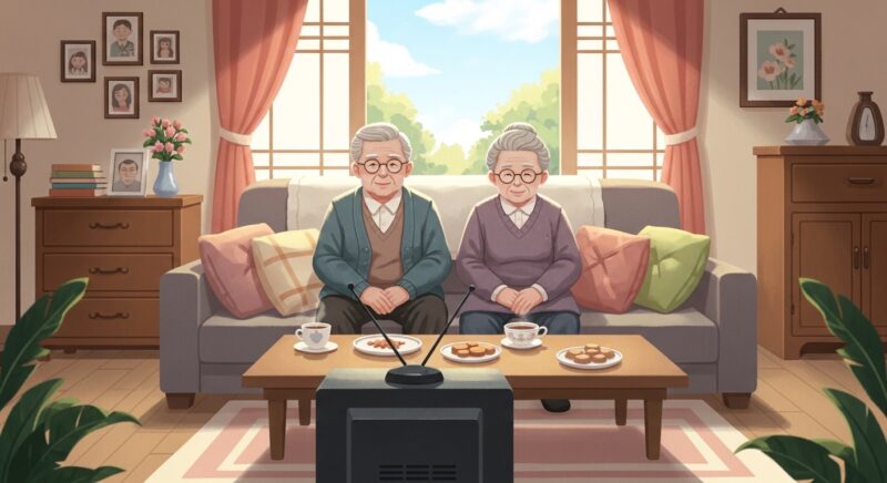 거실 소파에서 낮 드라마를 시청하는 어르신 부부