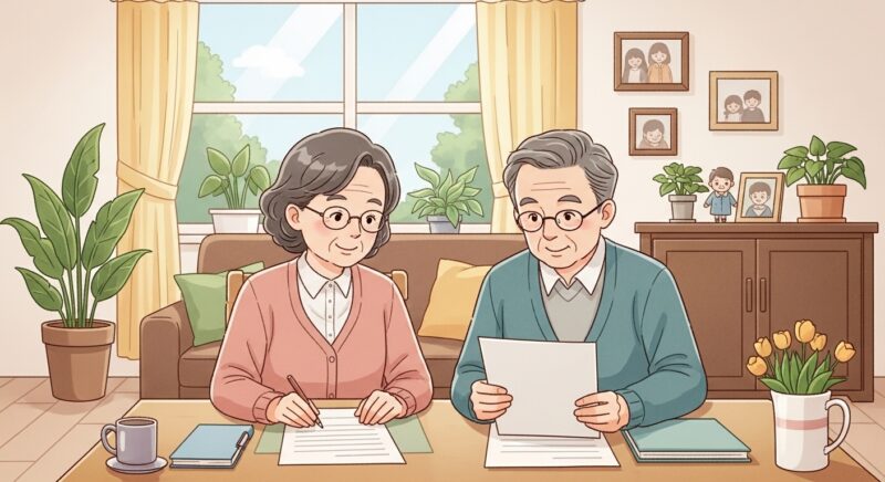 75세 실손보험 가입 상담하는 노부부 따뜻한 일러스트