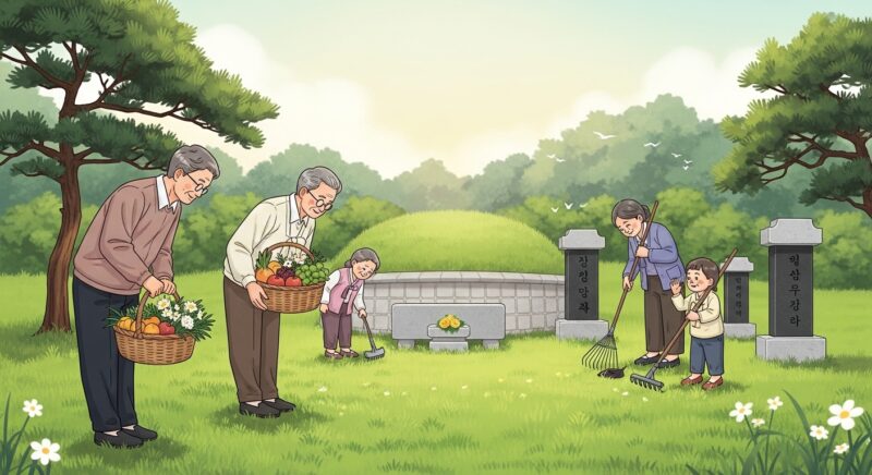 설 명절 성묘를 준비하는 어르신들이 꽃과 과일 바구니를 들고 전통 묘지를 찾는 따뜻한 일러스트