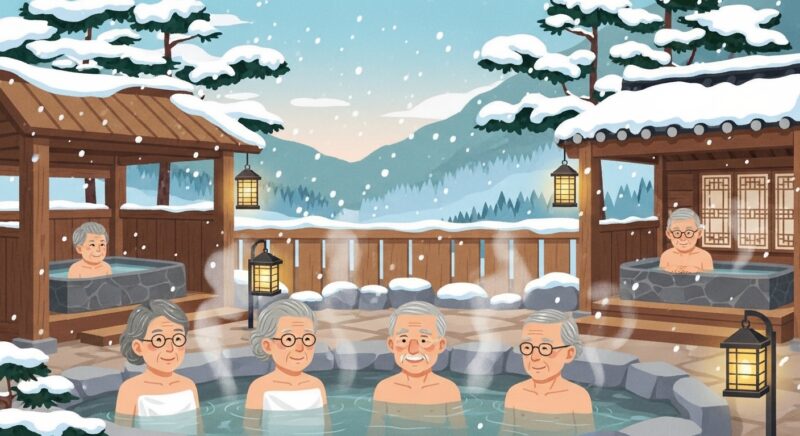 겨울 눈 내리는 노천 온천에서 휴식을 즐기는 시니어들의 따뜻한 풍경