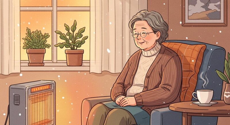 따뜻한 실내에서 난방기를 사용하며 편안해하는 어르신 모습