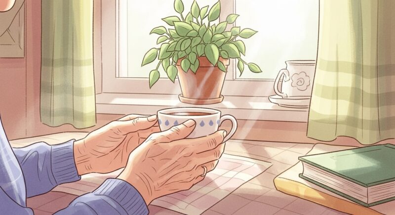 창가에서 따뜻한 차를 마시며 평온한 아침을 보내는 어르신의 모습