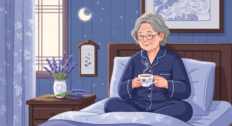 편안한 침실에서 허브차를 마시며 숙면을 준비하는 노년 여성