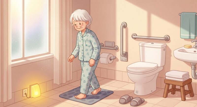 새벽 화장실 안전하게 이용하는 어르신과 미끄럼 방지 매트