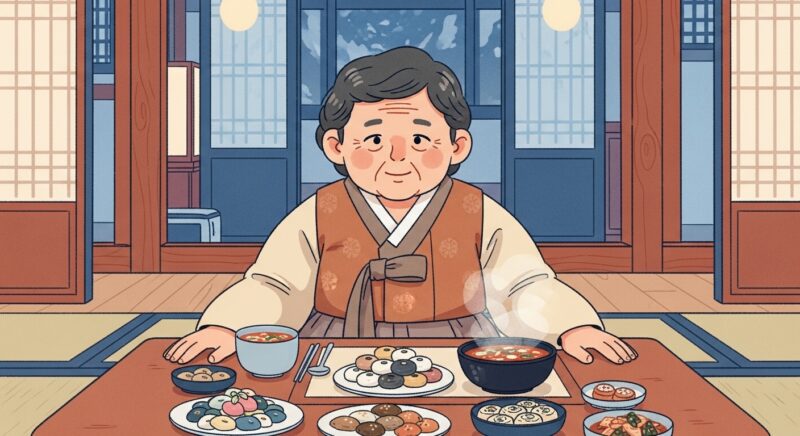 겨울철 혈당 관리를 고민하는 어르신과 당분 높은 음식들