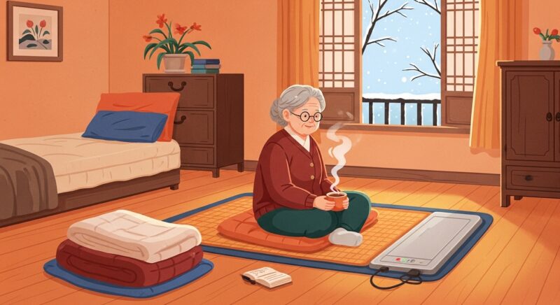 겨울철 전기장판을 안전하게 사용하는 어르신의 따뜻한 실내 모습