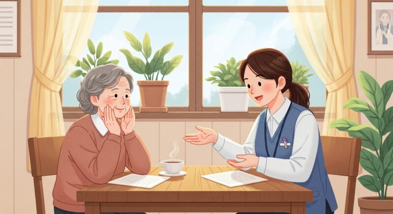 노인장기요양보험 상담을 받는 어르신과 사회복지사가 따뜻한 분위기에서 마주 앉아 이야기 나누는 모습