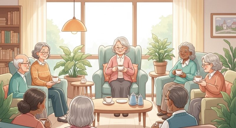 노년의 친구들과 따뜻한 차를 마시며 대화를 나누는 어르신들의 모습