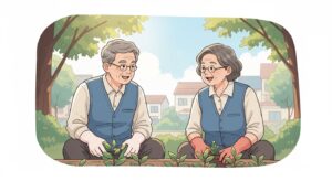 70대 어르신 두 명이 야외 공동체 텃밭에서 함께 일하며 환하게 웃고 있는 따뜻한 일러스트