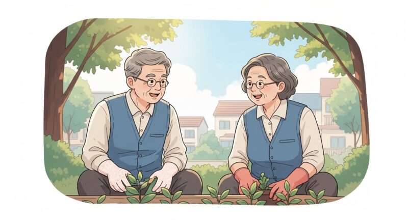 70대 어르신 두 명이 야외 공동체 텃밭에서 함께 일하며 환하게 웃고 있는 따뜻한 일러스트