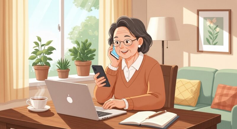 노트북으로 재택근무하는 60대 주부, 따뜻한 집안 분위기