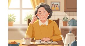 깜빡임 증상으로 고민하는 70대 어르신 일러스트, 치매 초기증상 구별법