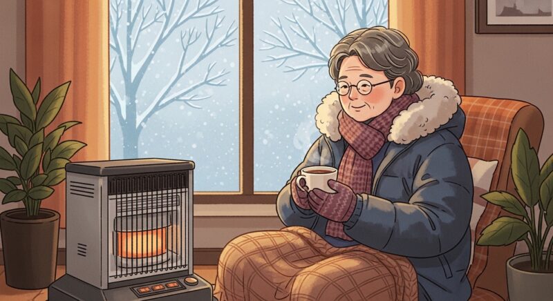 따뜻한 실내에서 핫티를 마시며 한파를 대비하는 70대 어르신 일러스트