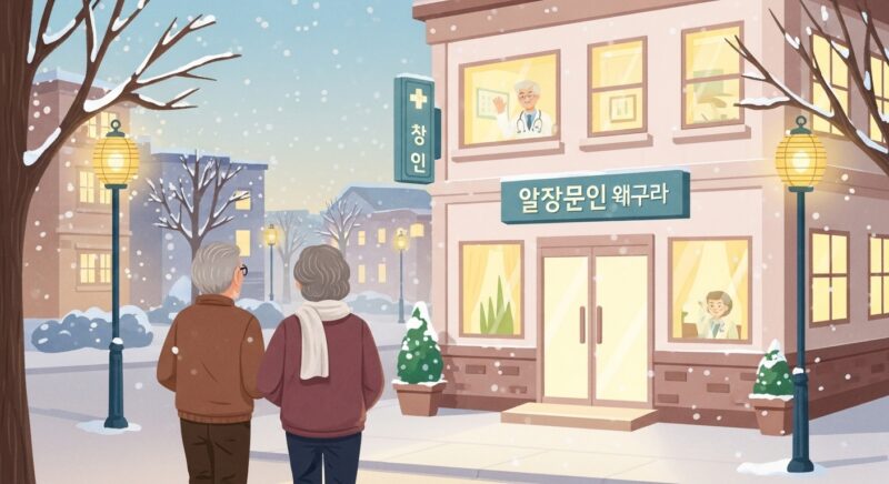 설 연휴에 문 여는 병원을 찾아가는 노부부 일러스트