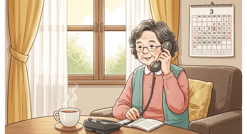 설 연휴 후 병원 예약을 미리 전화로 잡는 70대 할머니의 따뜻한 일러스트