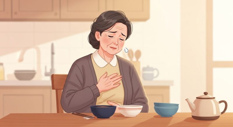 60대 여성이 식사 후 소화가 안 되어 명치 답답함을 느끼며 손으로 가슴 부위를 누르고 있는 따뜻한 일러스트 이미지