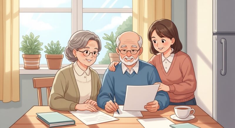 노부부가 자녀와 함께 치매간병보험 서류를 검토하는 따뜻한 가족 장면