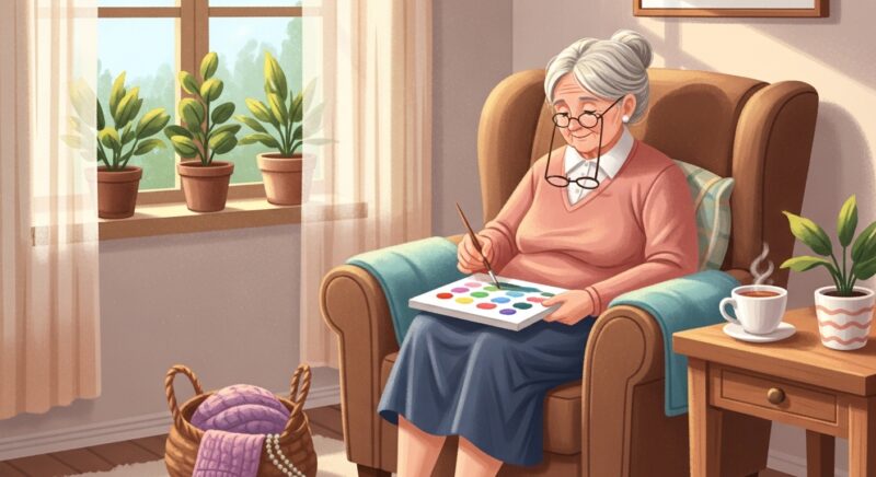 복지관 대신 집에서 혼자 즐기는 취미생활을 하는 70대 어르신 여성이 거실 안락의자에 앉아 수채화 그림을 그리며 여유로운 시간을 보내는 따뜻한 일러스트 이미지
