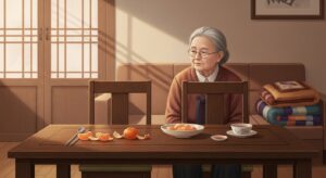 설 명절 이후 자녀들이 떠나고 혼자 남겨진 70대 노부모 할머니가 빈 밥상 앞에 홀로 앉아 창밖을 바라보는 모습, 명절 뒤 어르신 정서 지원과 노인 고독감을 표현한 따뜻한 일러스트 이미지